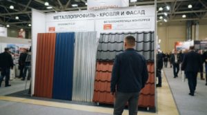 Мужчина на строительной выставке выбирает между металлочерепицей и профнастилом