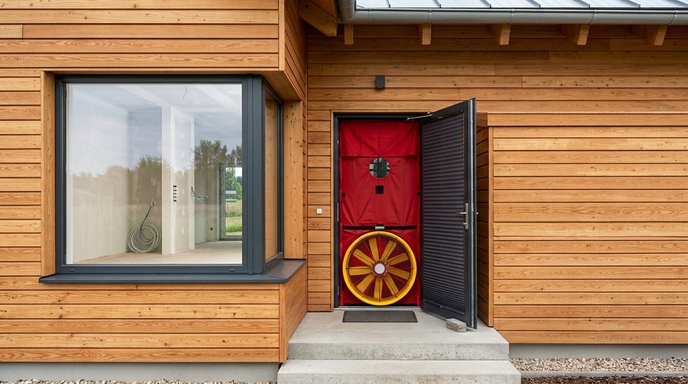 Blower Door Test с генератором дыма показывает реальность: основные утечки идут через щели вокруг розеток на наружных стенах, негерметичные стыки пароизоляции в углах и непроклеенные выводы труб
