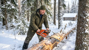 Человек пилит дерево в лесу бензопилой