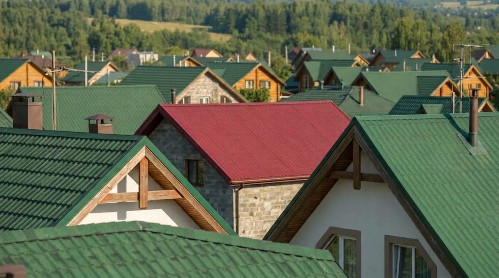 Бордовая крыша частного дома выделяется на фоне однотипных зеленых крыш