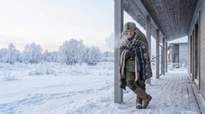 Человек мерзнет на крыльце каркасного дома
