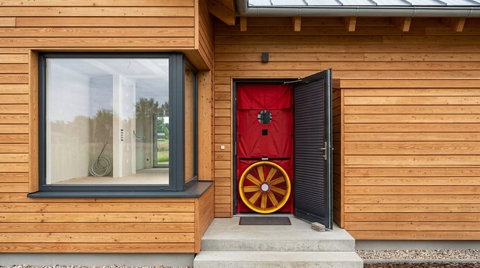 Blower Door Test с генератором дыма показывает реальность: основные утечки идут через щели вокруг розеток на наружных стенах, негерметичные стыки пароизоляции в углах и непроклеенные выводы труб