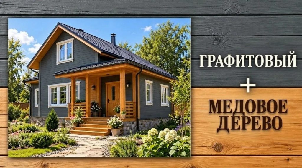 Сочетание графитового цвета  и цвета медового дерева в оформлении дачного дома