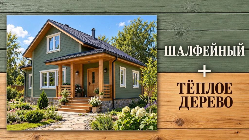 Сочетание шалфейного цвета и цвета тёплого дерева в оформлении дачного дома 
